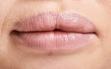 Image showing Face, macro and lips of woman with makeup, lipstick and cosmetics. Facial skincare, beauty aesthetics and zoom or extreme closeup of mouth of beautiful albino female with lip filler and healthy skin.