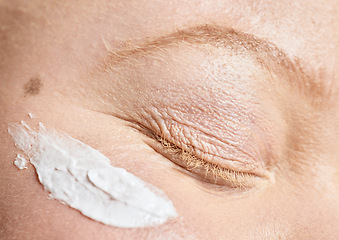 Image showing Skincare, albino and woman with sunscreen closeup for wellness, skin and face cream product treatment. Face, girl and zoom on albinistic model relax with eye care, sunblock and beauty routine