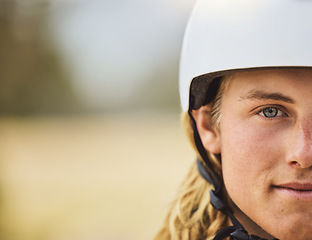 Image showing Cycling, mountain biking and half face of a man training for a race, sports competition and fitness in nature of Australia. Moto exercise, biking and portrait of a professional biker and mockup space