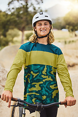 Image showing Mountain bike, cycling and man in portrait at a park or forest in safety gear helmet for sports goals, adventure and summer journey. Triathlon, athlete face and bicycle in Australia nature and trees