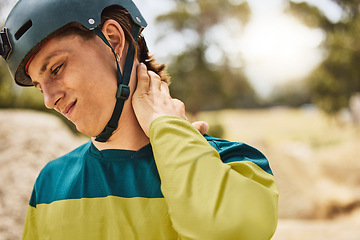 Image showing Neck pain, injury and man cycling in nature, medical emergency and joint pain after an accident in Argentina. Fail, mountain bike mistake and person with pain in back muscle from fitness in a park