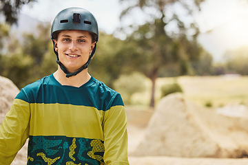 Image showing Happy man, nature and sports helmet for cycling outdoor for mountain bike training fitness, exercise and workout for travel and freedom. Portrait of athlete male ready for marathon with safety gear