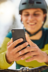 Image showing Cycling, bike and man with phone outdoor, texting or on social media. Sports, bicycle and male cyclist on break after training with 5g mobile smartphone for networking, internet browsing or messaging