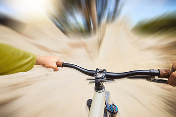 Image showing Pov hands, speed and cycling with bike and travel on nature path for outdoor exercise, training workout or race. Freedom, sports adventure and bicycle cyclist on fast journey for fitness workout blur