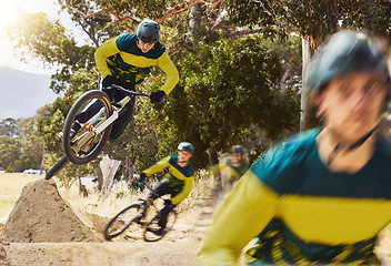 Image showing Sport, cycling and bike outdoor with athlete and extreme sports, high jump and stunt in riding park. Movement, fitness and strong with bicycle, cyclist and mountain bike exercise, active and cardio.