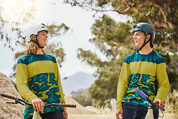 Image showing Bike, fitness or sports cycling friends laughing at a funny joke in training, exercise or workout in safety helmets. Partnership, bicycle or happy young men talking or bonding in nature adventure