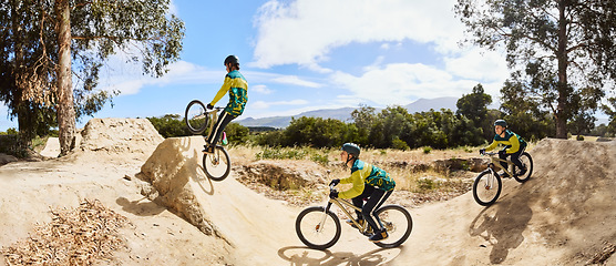 Image showing Sports, mountain bike and man cycling in forest for nature exercise, cardio workout and training for marathon. Athlete with bicycle for extreme sport with transport for travel or freedom at ramp park