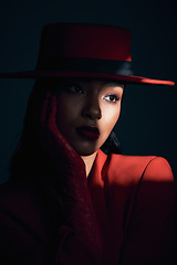 Image showing Beauty, art and fashion of aesthetic woman in studio with dark shadow, makeup and cosmetics for retro or vintage show girl background. Face of 90s female model with hat and classic style on black