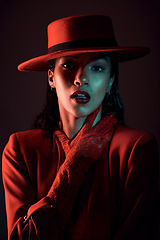 Image showing Sexy, fashion and portrait, dark with woman and makeup, retro style with edgy mystery, red aesthetic against studio background. Vintage, beauty and cosmetics with creative, art and fashion model.