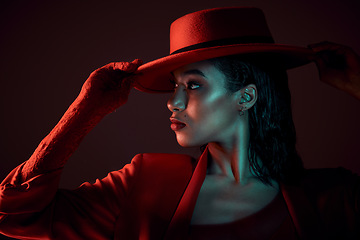 Image showing Art, beauty and black woman burlesque dancer on black background with red hat and retro culture at night. Fashion, makeup and cabaret performance artist with vintage style on dark studio background.