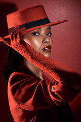 Image showing Fashion, retro and black woman in beauty and sexy portrait, red aesthetic with dark mystery, seductive and makeup. Vintage, style with lace fashionable glove, edgy and cosmetic against red background