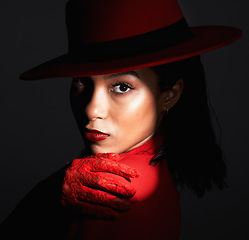 Image showing Mystery, dark and woman with vintage fashion, retro makeup and face against a dark black studio background. 90s, elegant and portrait of a designer clothes model with cosmetics, alluring and classy