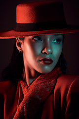 Image showing Dark, seductive and vintage woman thinking of fashion, red clothes and creative against a dark black studio background. Mysterious, elegant beauty and face of a model in the 90s with an idea