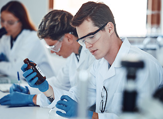 Image showing Science, pharmaceutical and student working with chemistry drugs for a pharmacy experiment. Medical laboratory, scientist and clinic research in a university, college and education lab for study