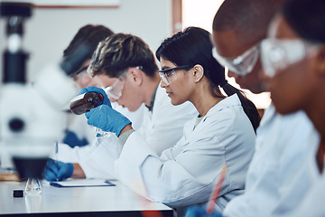 Image showing Diversity, scientist and people in science exam, test or group project in experiment or assignment at laboratory. PHD students in scientific research, chemical or forensics with safety uniform in lab