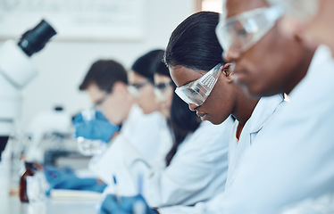 Image showing Study, research and scientist team in a lab for medical, innovation and drug analysis, health and medicine. Science, healthcare and doctors in room for clinical, drug and trial planning in laboratory