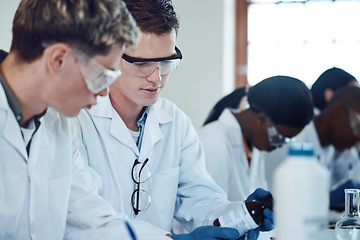 Image showing Teamwork, education and science students in laboratory working together on analytics, medicine and research. Healthcare, university and learners in class to study biology, chemistry and biotechnology