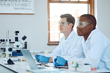 Image showing Science students, laptop and university campus, class and learning or study in a lab. Innovative scientist, medical breakthrough and discovery in research laboratory, education or online technology