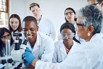 Image showing Education, science and teacher with students using microscope for chemistry, biology and medical research . Medicine, healthcare lab and mentor with university class to study analytics of dna sample
