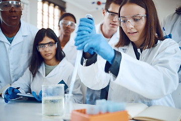 Image showing Science research, students and scientist lab for medical innovation, education or knowledge of a group together for learning and analytics . Men and women with scientific chemical for healthcare cure