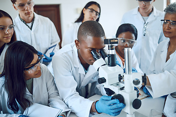 Image showing Teamwork, collaboration and group of scientists with microscope for experiment. Science, laboratory and team of people or doctors with books and equipment for medical research, analysis and testing.