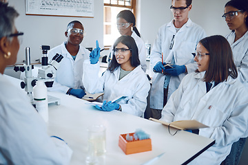 Image showing Students, research and girl question in laboratory, class and studying healthcare. Scientist, young researchers or lecture for medical innovation, scientific methods and woman raise hand or education