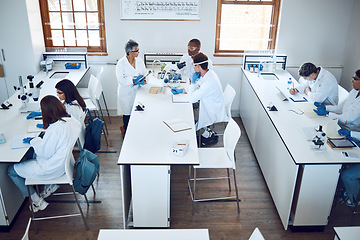 Image showing Education, science and students in lab classroom with professor and equipment for test. Technology, innovation and learning in laboratory at forensic research facility or school for future scientist.