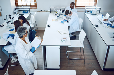 Image showing Science, laboratory teacher and university students working on a chemical, pharmaceutical and medical exam. Student team, college and education group doing project with lab data and research test