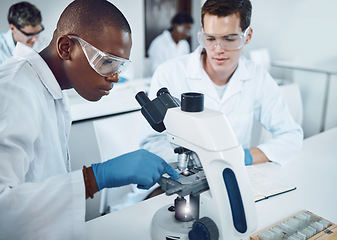 Image showing Science, laboratory and team doing research with microscope for medical discovery, analytics and data. Healthcare, biotechnology and scientists collaboration for lab test, results and exam in clinic