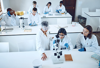Image showing Science, university students and microscope in scientist lab for learning from mentor for medical education or medicine research in class. Pharmacist and chemistry test for women group for analysis
