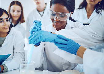 Image showing Science, teamwork and students chemical experiment or demonstration in laboratory for healthcare innovation or college exam. Scientist, medical team and pharmaceutical research or analysis study