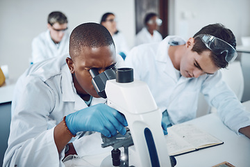 Image showing Microscope, science team and medical analysis for research innovation, planning results and scientists working in laboratory. Microbiology, report collaboration and biotechnology analytics in lab