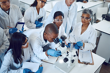 Image showing Science, students and medical laboratory with microscope and mentor for pharmaceutical research, education and learning in class. Scientific and chemistry men and women group doing analysis of drug