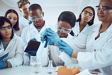 Image showing Scientist, teacher or learning students and dropper in healthcare study, medical research or future medicine study. Smile, happy men or women in science laboratory and university education professor