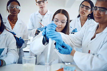 Image showing Research, students and professor for medical innovation, laboratory or knowledge. Researcher, young people and female lecturer with scientific method for cure, healthcare and scientist with diagnosis