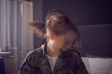 Image showing Stress, depression and double exposure of woman in bedroom screaming from psychological trauma in house. Depressed, bipolar and mental health problem of asian girl at home frustrated with ptsd.