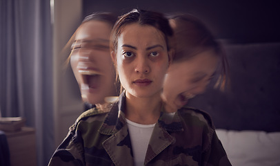 Image showing Bipolar, schizophrenia and military woman with PTSD, war stress and tired from mental health problem. Anxiety, screaming and portrait of a soldier with insomnia, trauma and angry from battle in home