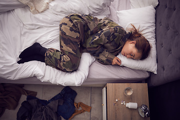 Image showing Depression, anxiety and woman soldier in bed with ptsd, trauma and pills for suicide, phobia and mental health. Stress, thinking and army girl suffer with insomnia, drug addiction and fear in bedroom