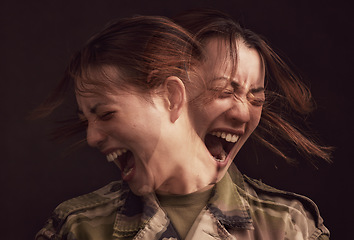 Image showing PTSD, depression and military woman with mental health problem, horror screaming and stress from war on black background in studio. Bipolar, anxiety and face of soldier with trauma, scared and angry