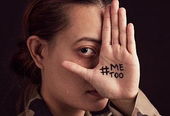 Image showing Hands, me too and woman in studio for abuse, ptsd and rape against a black background mockup. Portrait, girl and victim with hashtag hand sign suffering fear, sad and trauma, scared and violence
