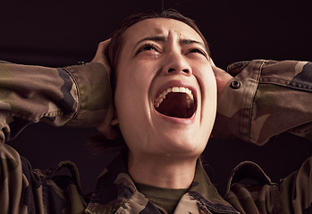 Image showing PTSD, crying and trauma with a woman soldier shouting or screaming in studio on a dark background. Scream, grief and tears with a young army female suffering from military memories of war or pain