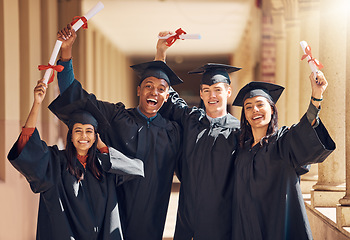 Image showing Students, hands up or graduation success with diploma paper, certificate documents or degree in school diversity, university or college campus. Portrait, smile or happy graduate friends, men or women