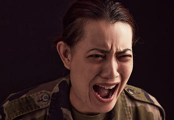 Image showing War, crying and military woman with ptsd, trauma and anxiety, screaming or shouting. Mental health, depression and face of female soldier from Ukraine with stress, pain and thinking of army memories.