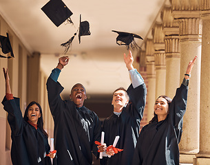 Image showing College, friends and graduation success portrait with happy, excited and victory celebration. Interracial, winner and happiness of university students with educational milestone achievement.