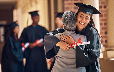 Image showing Hug, graduation and graduate, women and education achievement, success on university campus and certificate with academic goals reached. College, student and graduating ceremony, event and degree.