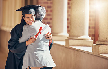 Image showing Woman, graduation or hug for celebration, scholarship or higher education achievement. Female student, embrace or success for certificate, happy or learning completed at university, diploma or degree