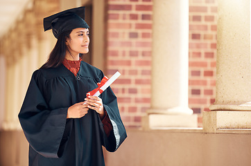 Image showing Student, graduation and woman with diploma thinking about future, goals and achievement in education, learning and college. Female with graduate certificate at celebration ceremony event for success