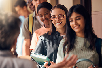 Image showing Diversity, students and happy for education, standing in corridor ready for learning in college classroom. University, success support and career development or happy mindset in building hallway