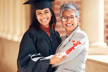 Image showing Graduation, student and happy mother portrait of women from India at a graduate ceremony event. College diploma, school celebration and university education certificate of a woman with an achievement