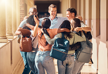 Image showing University, students and diversity friends hug at campus in support, motivation and happiness together in education, studying and learning. Happy, excited and young college people group in solidarity